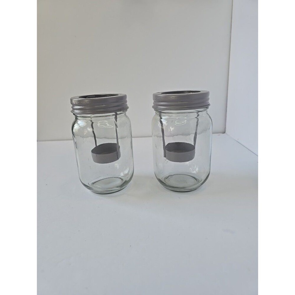 Set of 2 Mason Jar Tea Light Candle Holders Rustic Farmhouse Glass Lantern Decor
